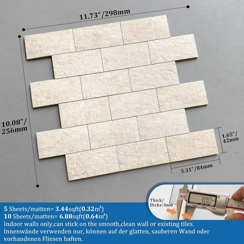 M MOFIT Stone Backsplash Peel and Stick Tiles Matte,Adhesive Mosaic Subway Tiles Waterproof Wall Tile Stickers for Bathroom Shower(Beige,10PCS) - Image 5